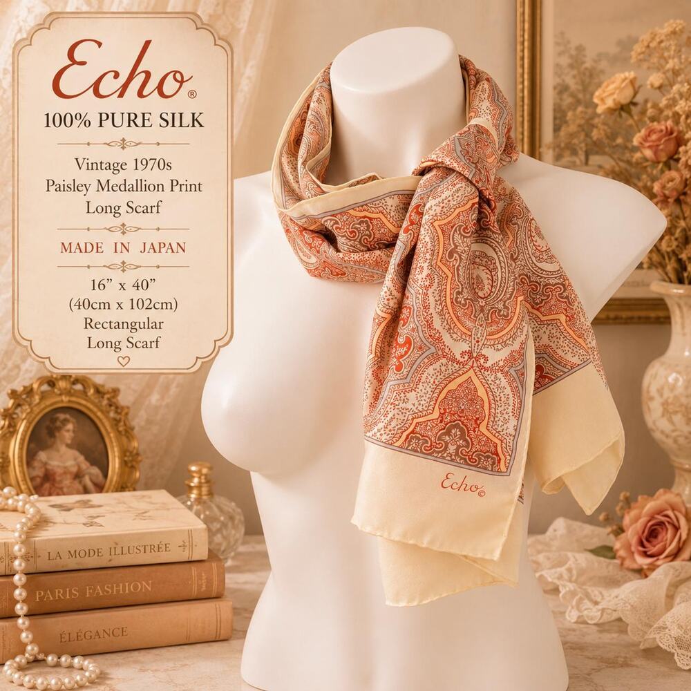 Vintage Echo Silk Scarf 100% Pure Silk Long Scarf Rust Cream Paisley 1970s 16x40